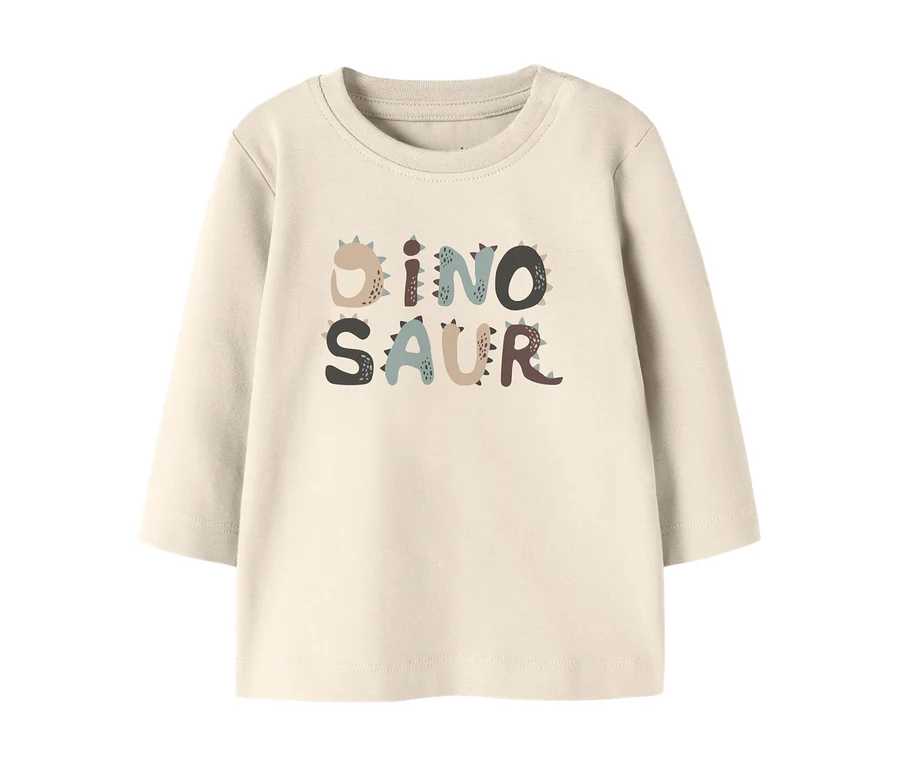 Cremefarbenes Langarmshirt für Kinder mit dem mehrfarbigen Schriftzug „DINOSAUR“.