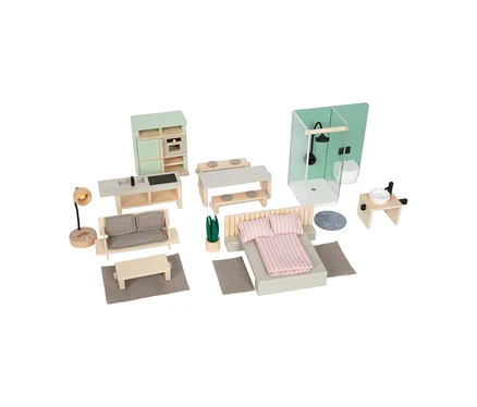 small foot Puppenhausmöbel-Set mit Sofa, Couchtisch, Stehlampe, Küchenzeile, Esstisch, Bett, Dusche, WC und Waschbecken.