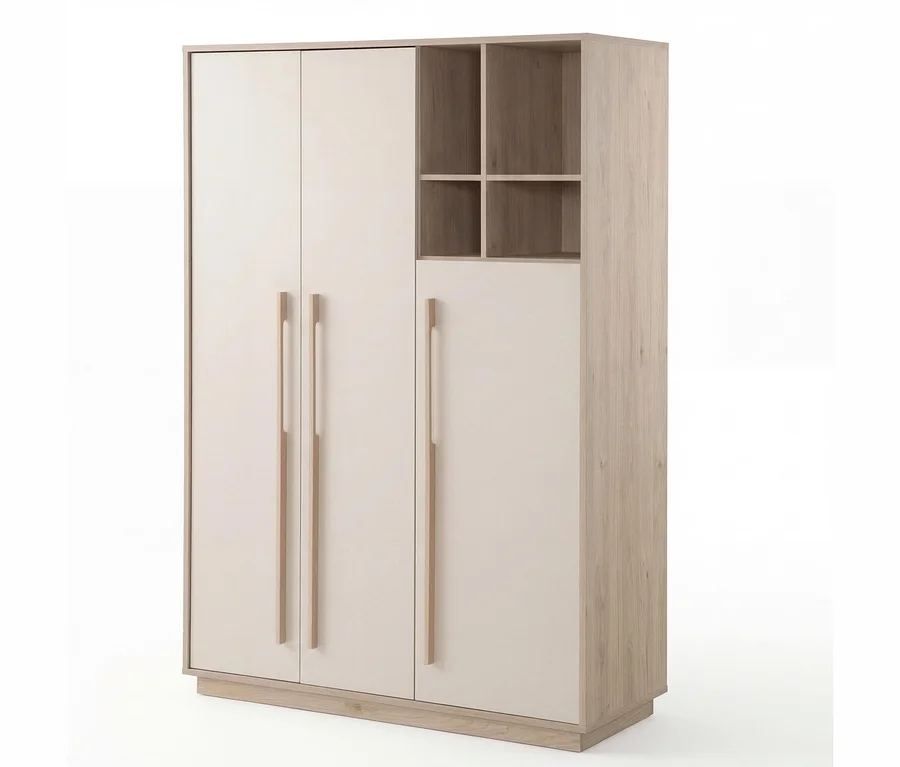 Roba 3-teiliges Kinderzimmer-Set »Elva«: Kleiderschrank in Cashmere und Virginia Chestnut mit drei Türen, offenem Regal mit vier Fächern und einer weiteren Tür, alle mit langen Holzgriffen.