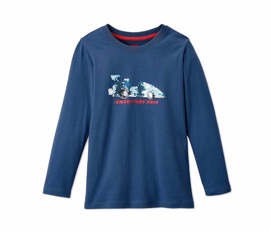 Blaues Langarmshirt mit Wendepailletten.