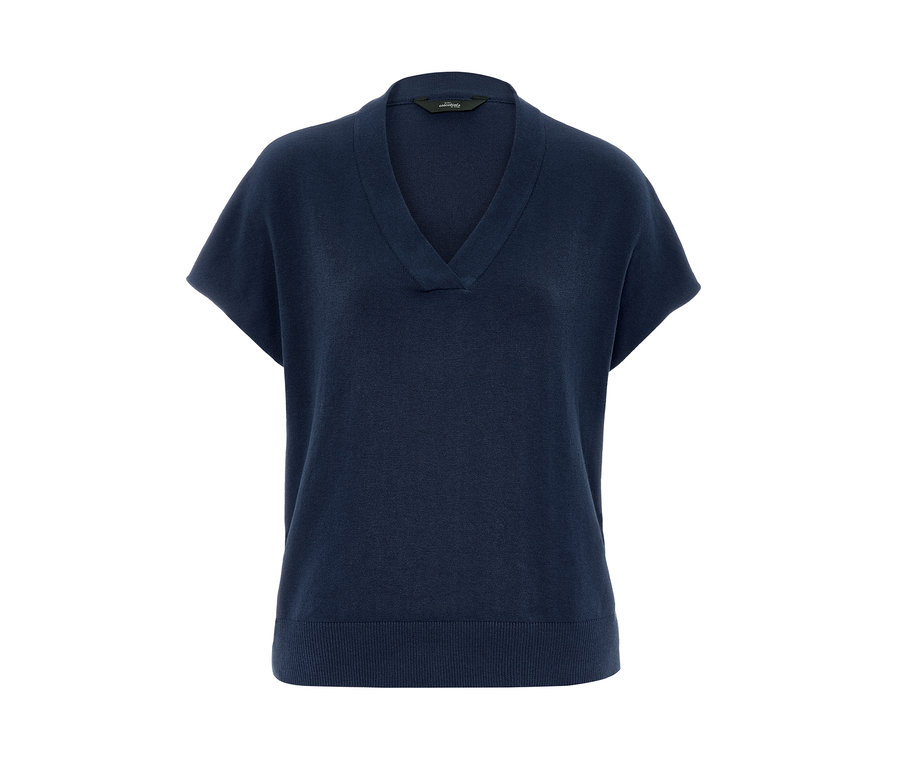 Marineblaues Feinstrick-Loungewear-Sweatshirt mit V-Ausschnitt.