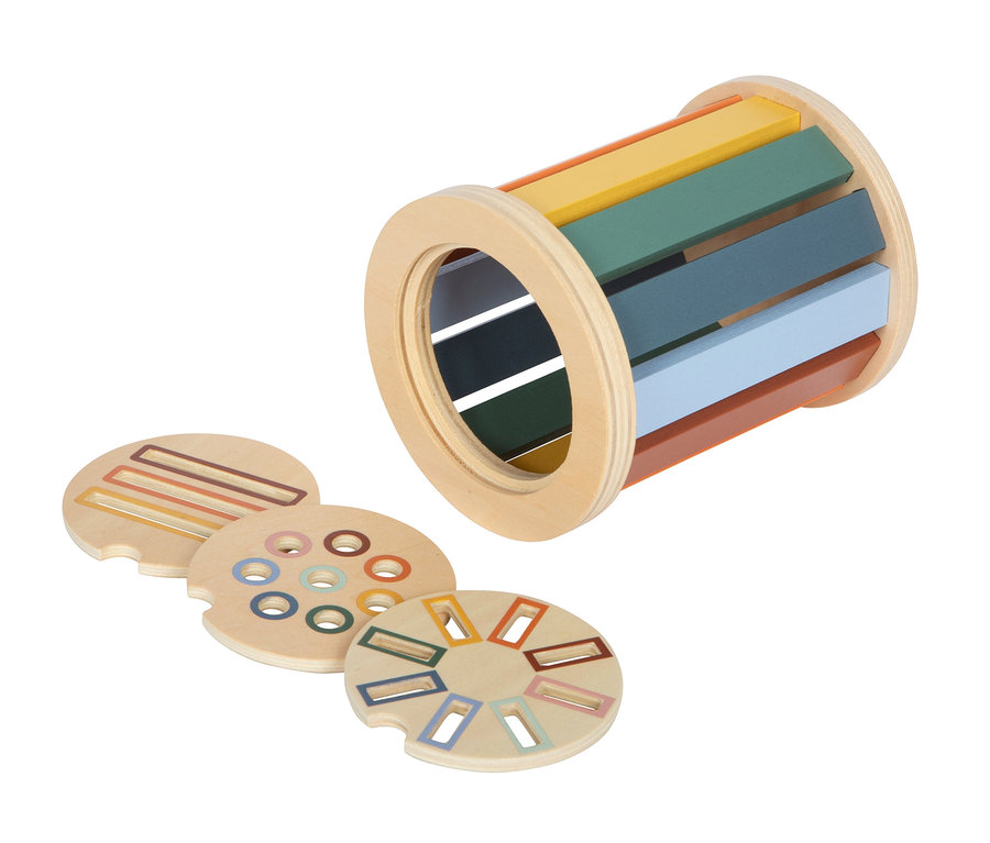Hölzernes Rollspielzeug mit bunten Stäben und drei runden Holzscheiben mit verschiedenen ausgeschnittenen Formen.