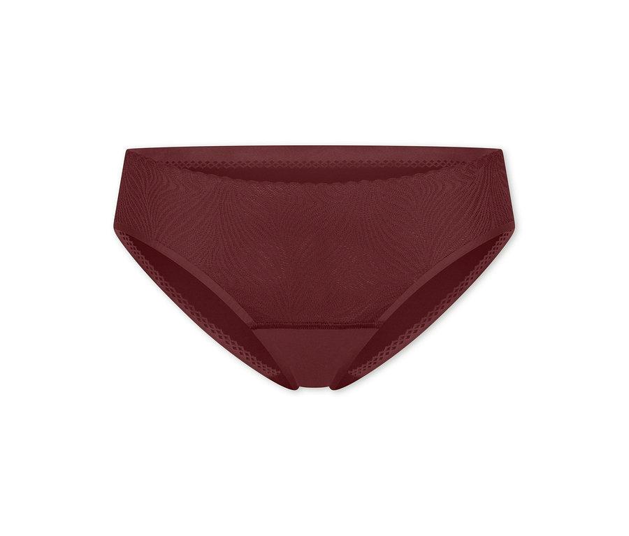 Dunkelrote Damenunterhose mit subtilem Muster und wellenförmigem Bund.