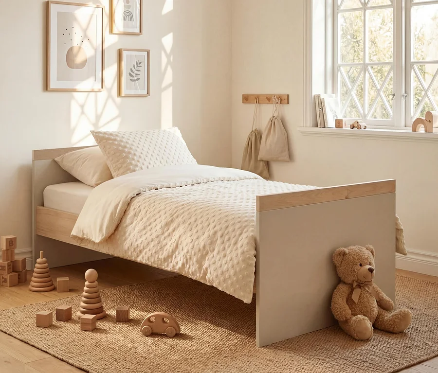 Kinderzimmer mit einem Roba Elva Bett in Cashmere und Virginia Chestnut, hellem Bettzeug, Holzspielzeug auf einem Teppich und einem Teddybär.