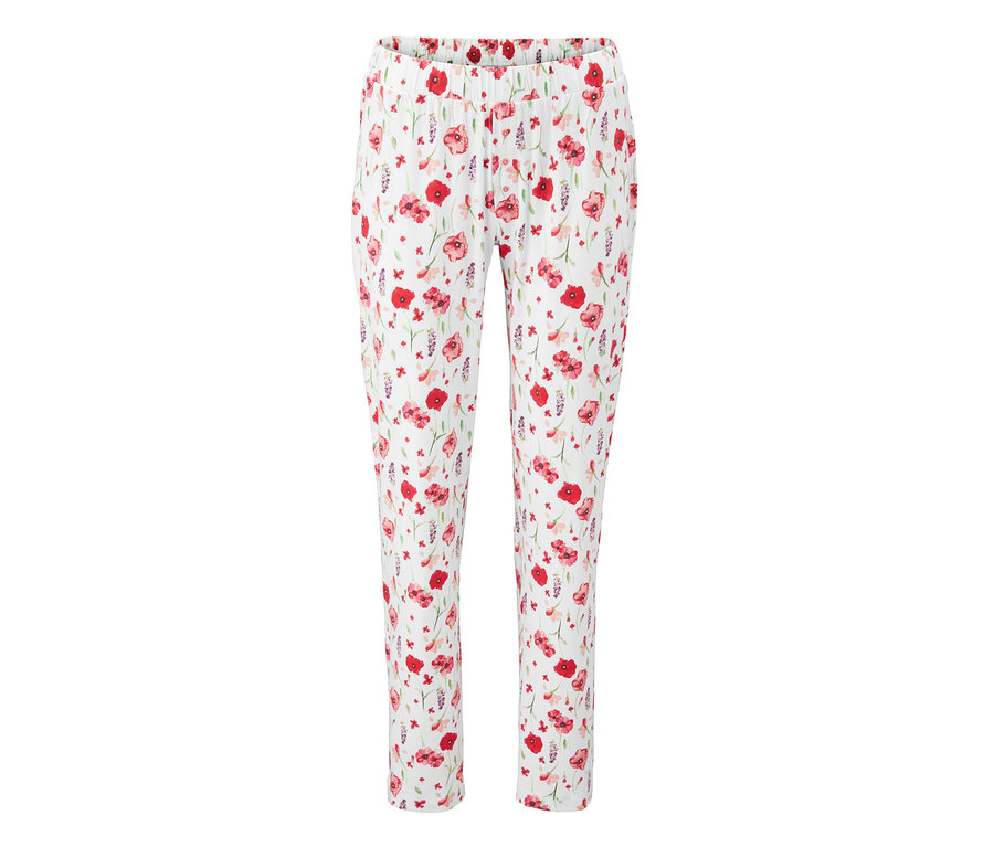 Weisse Pyjamahose mit rotem Blumenmuster.