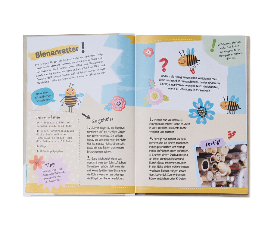 Aufgeschlagenes Buch zeigt Illustrationen von Bienen und eine Anleitung zum Bau eines Bienenstocks. Das Buch trägt den Titel »Liebe deine Erde«.