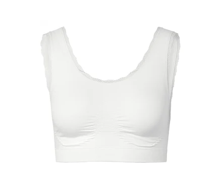 Weißes Bralette mit Spitze am Ausschnitt und an den Armausschnitten.