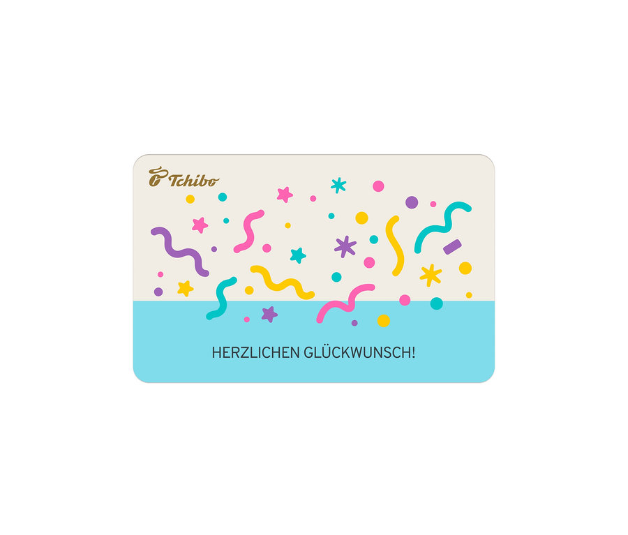 Digitale Geschenkkarte mit hellbeiger Oberseite und hellblauer Unterseite. Die Oberseite zeigt farbiges Konfetti (rosa, lila, gelbe, türkise Schnörkel, Punkte, Sterne) und ein braunes Tchibo Logo. Unten steht in Weiß 'HERZLICHEN GLÜCKWUNSCH!'.