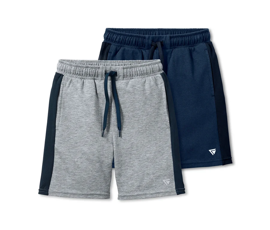 Zwei Sportshorts: eine graue und eine dunkelblaue.
