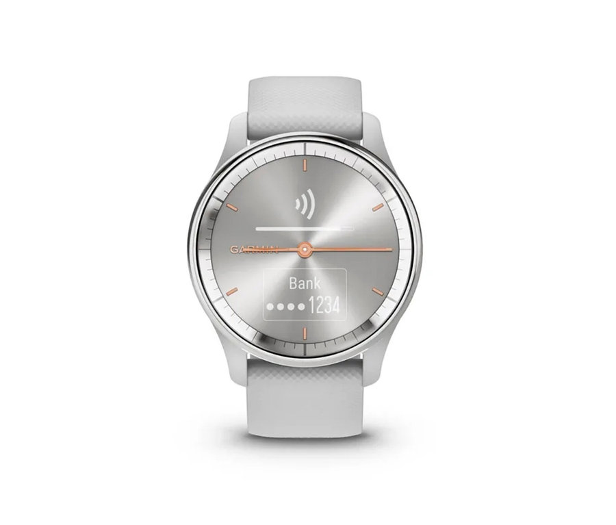 Nahaufnahme einer hellgrauen GARMIN vivomove Trend Smartwatch mit weißem Armband.