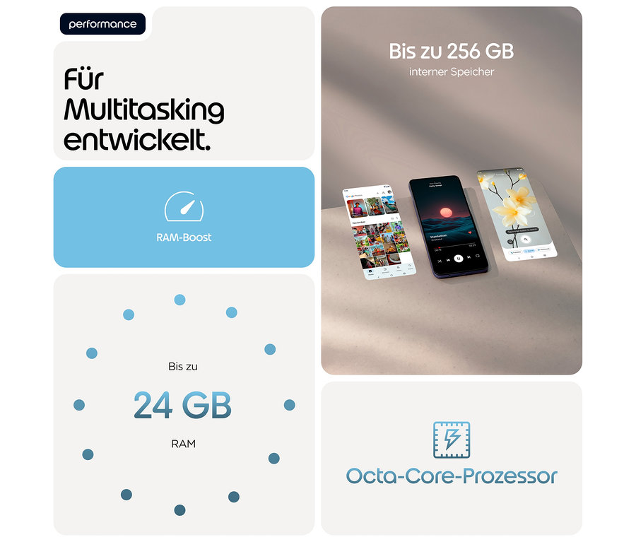 Drei Handys, darunter ein blaues Motorola moto g17 LTE, zeigen verschiedene Apps und Hintergründe.