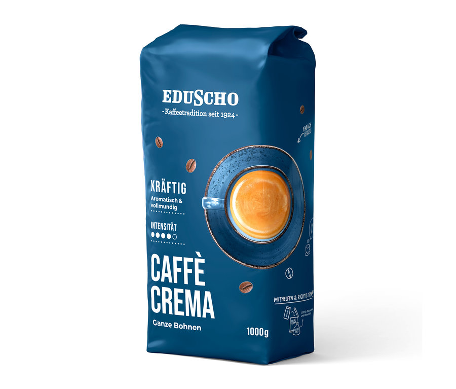 Blaue Packung Eduscho Caffè Crema Kräftig Ganze Bohnen (1 kg) mit Bild einer Kaffeetasse und Kaffeebohnen.