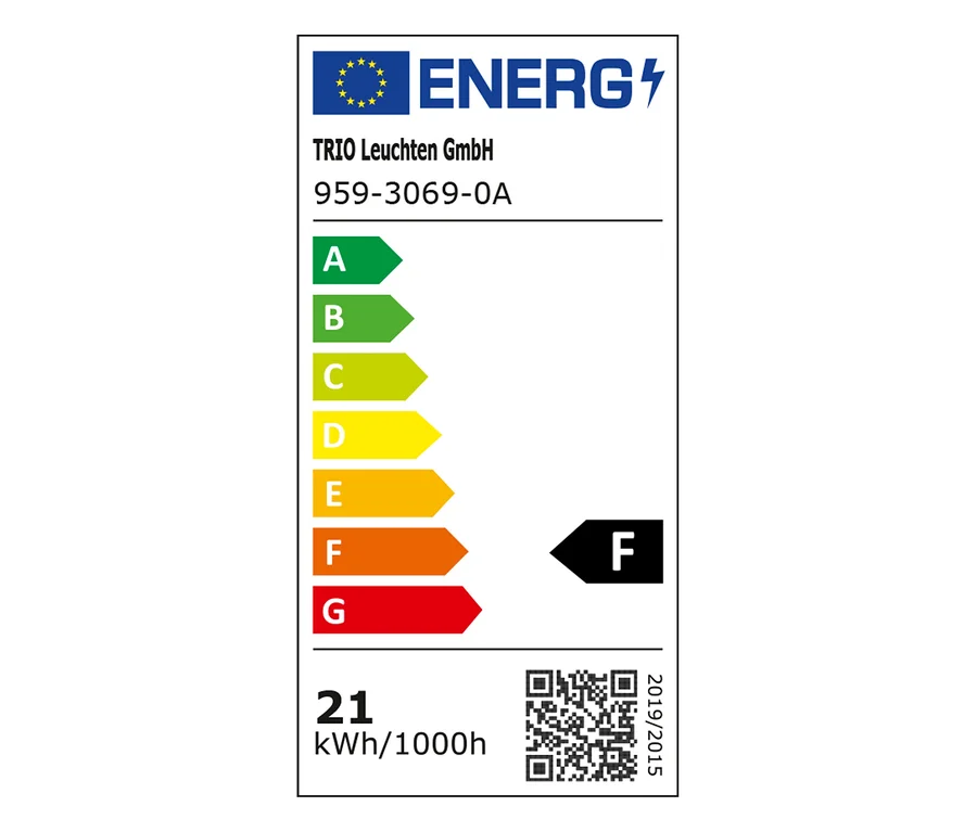 Energielabel für eine Leuchte von TRIO Leuchten GmbH, Modell 959-3069-0A, mit Energieeffizienzklasse F und einem Verbrauch von 21 kWh/1000h.