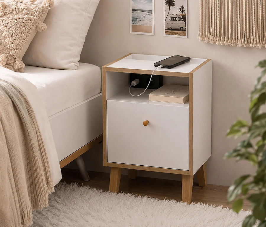Weißer Nachttisch mit Holzrahmen neben einem Bett. Ein Smartphone lädt auf der Ablage, darunter ein Buch und ein Ladegerät. Das Bett hat weiße Bettwäsche, eine beige Decke und ein Kissen. Ein flauschiger Teppich liegt auf dem Boden.