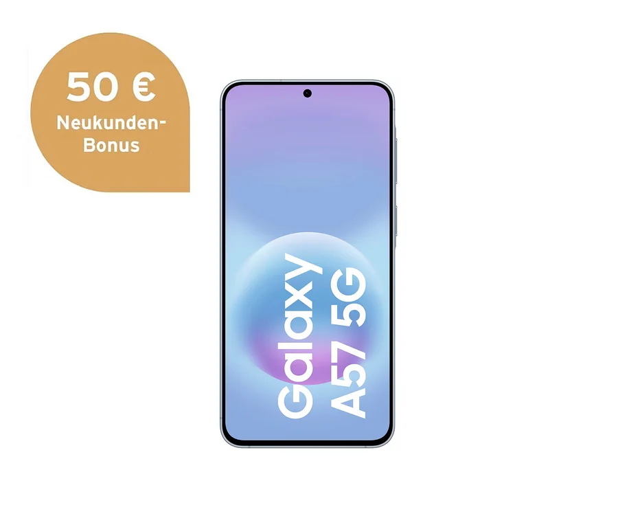 Ein Samsung Galaxy A57 5G Smartphone in Awesome Icyblue, das 'Galaxy A57 5G' auf dem Bildschirm anzeigt, neben einem goldenen '50 € Neukunden-Bonus' Abzeichen.