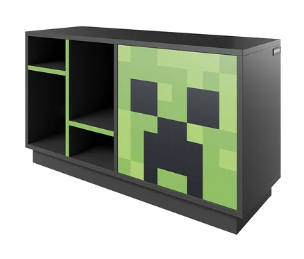 Ein roba Minecraft TV-Lowboard »Creeper« in Schwarzgrau mit einem grünen Creeper-Motiv auf der Tür.