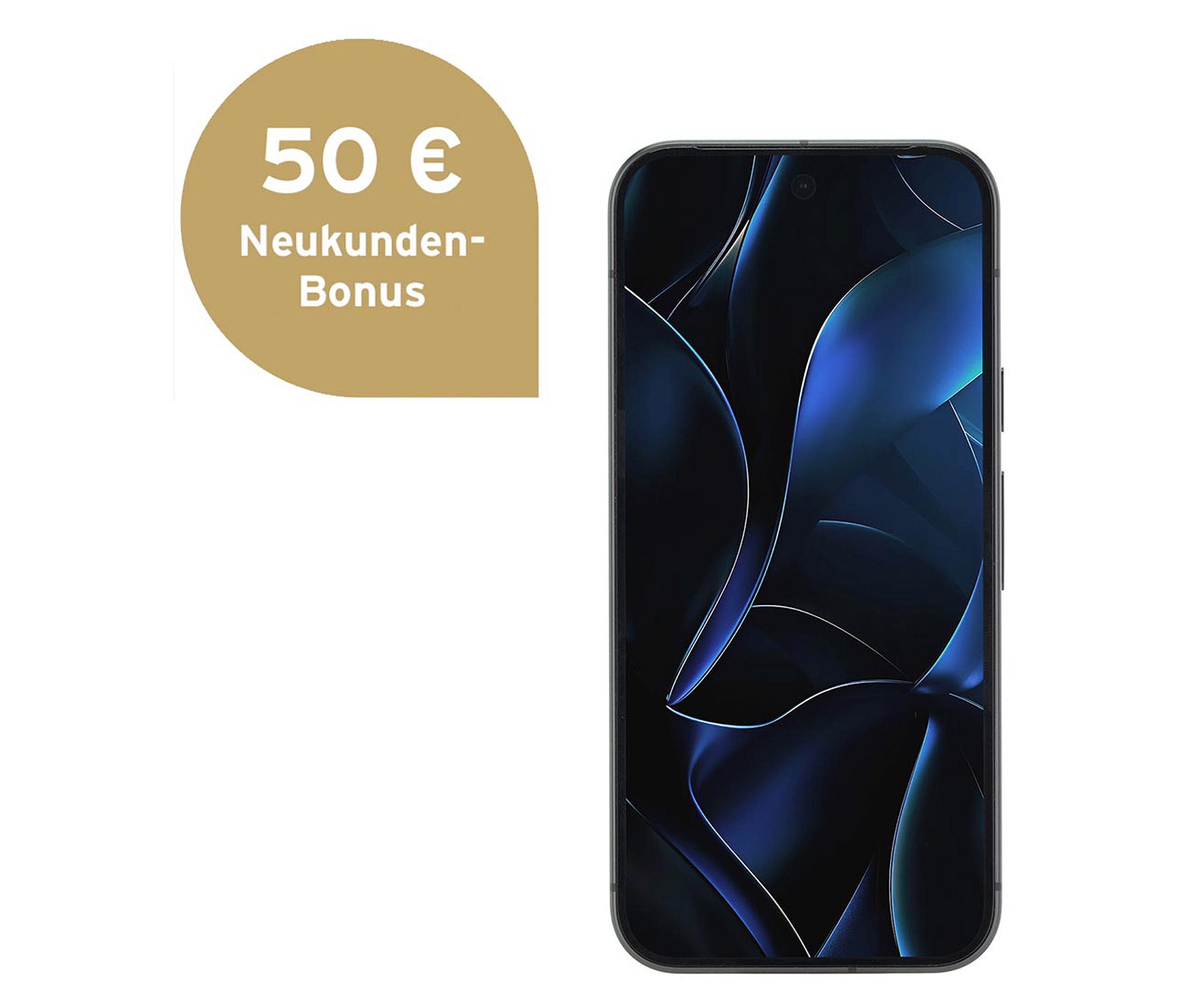 Schwarzes Smartphone mit abstraktem, blauem Design auf dem Bildschirm. Auf der linken Seite befindet sich ein goldener Aufkleber mit der Aufschrift "50 € Neukunden-Bonus".