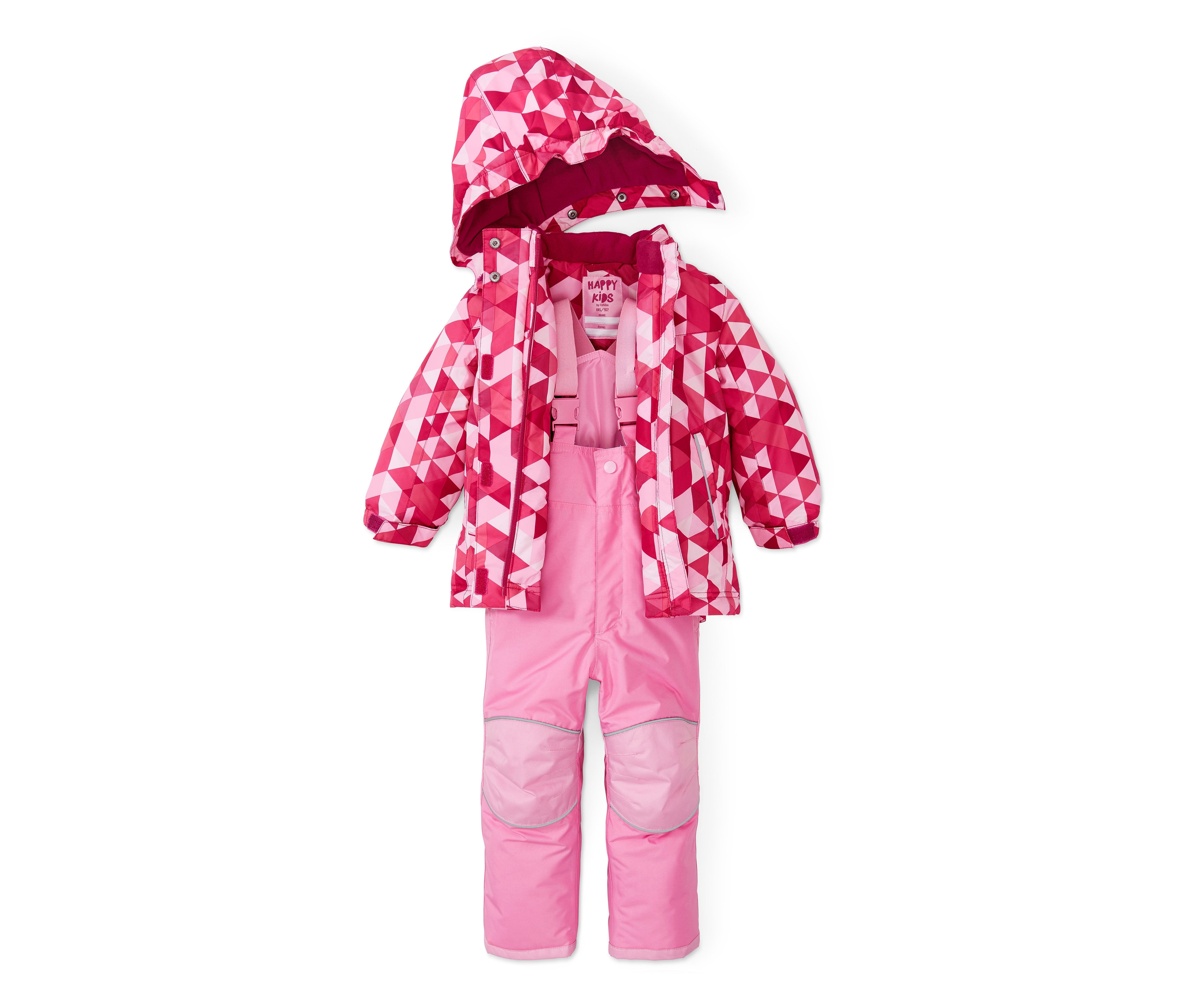 Rosa Schnee-Kombi mit geometrischem Muster.