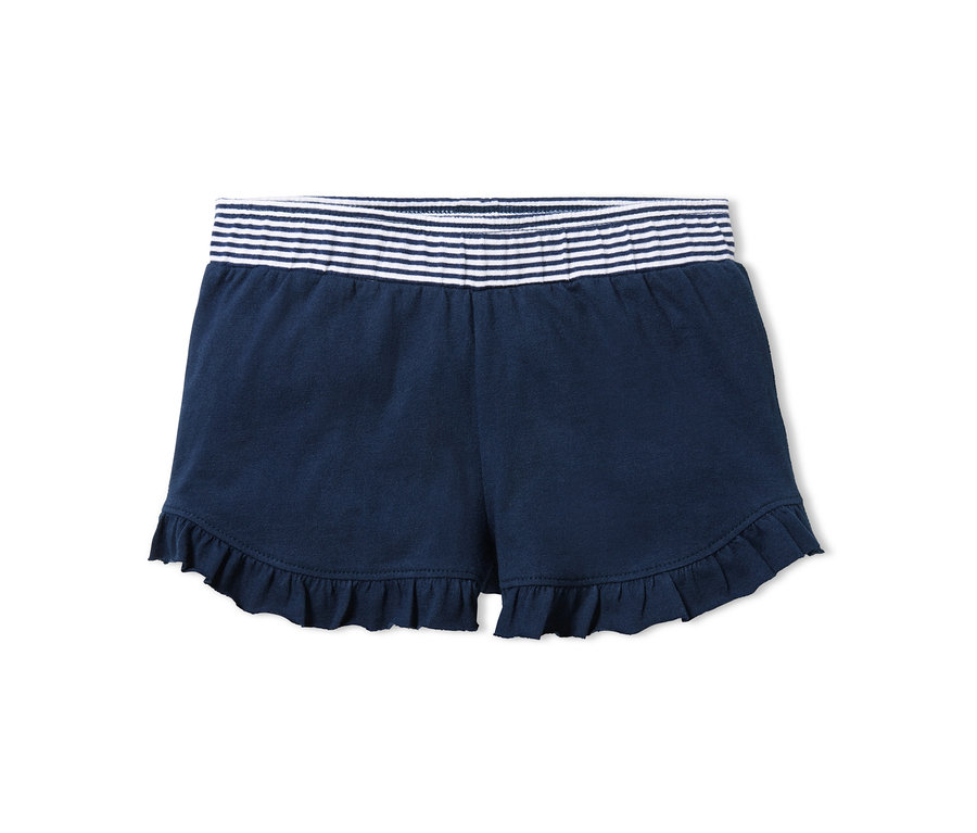 Marineblaue Jersey-Shorts mit Rüschen und gestreiftem Bund.