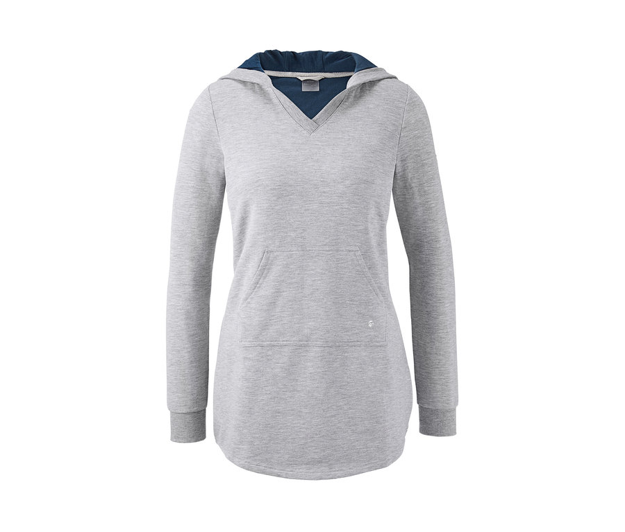 Ein graues, langärmliges Kapuzenshirt, ein Longshirt.