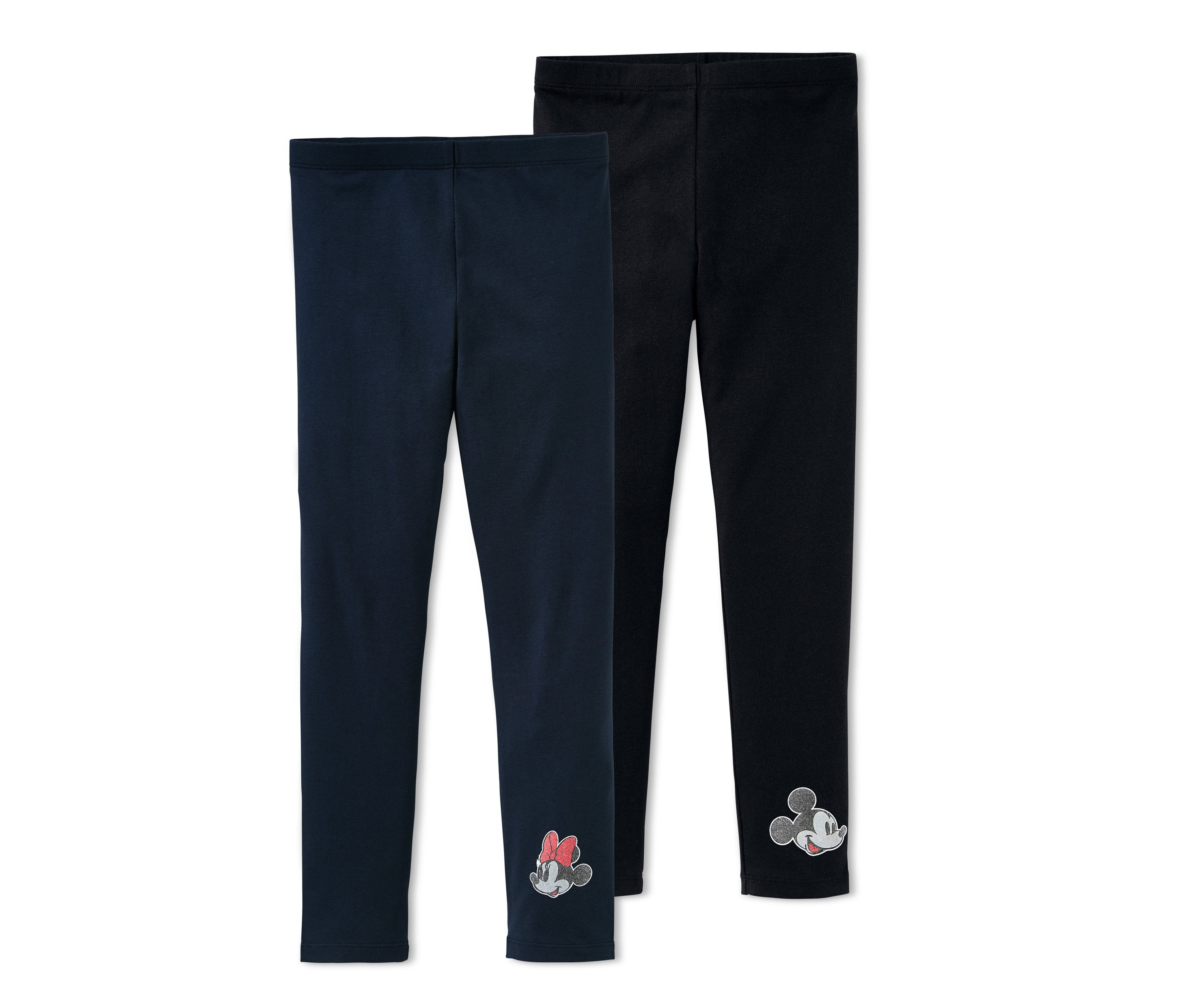 Zwei Leggings »Disney»: eine marineblau mit Minnie Mouse, die andere schwarz mit Mickey Mouse.