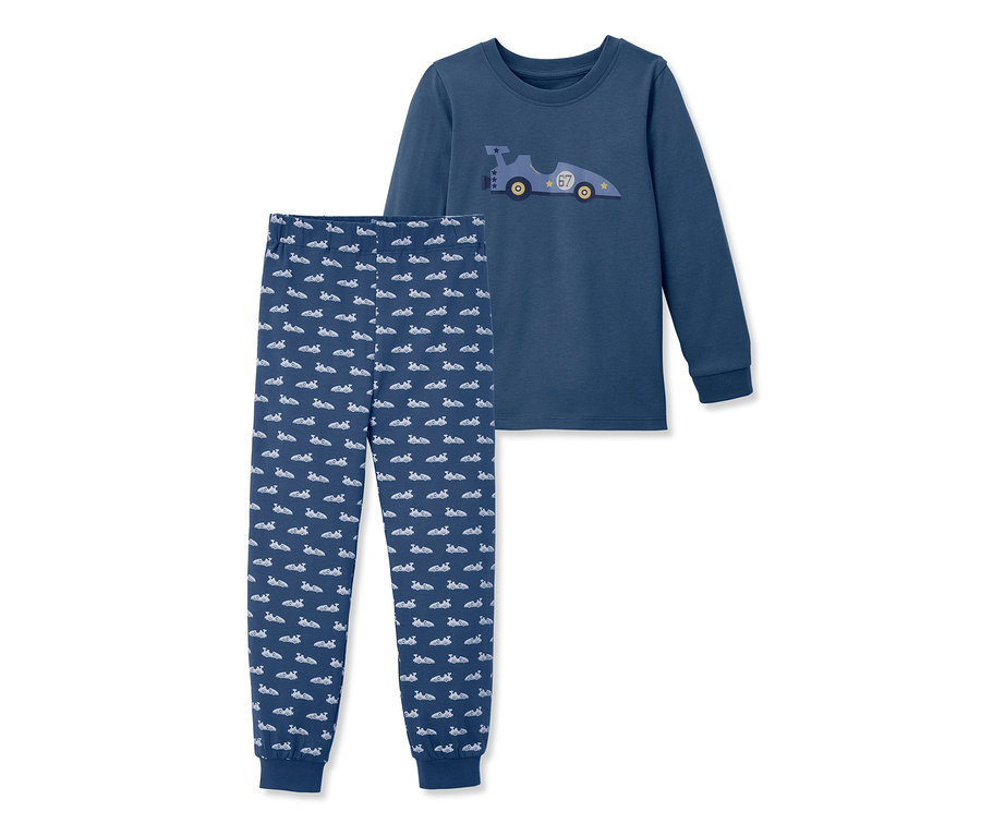 Blauer Pyjama mit langem Arm und Rennwagen-Print.