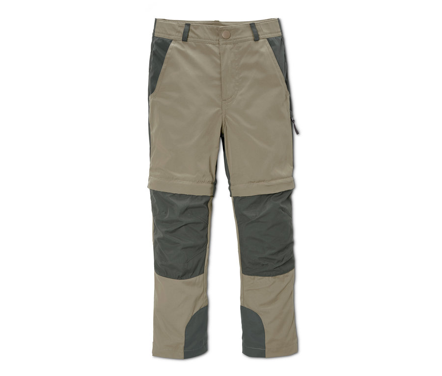 Khakifarbene 2-in-1-Funktionshose mit Reißverschluss an den Beinen.