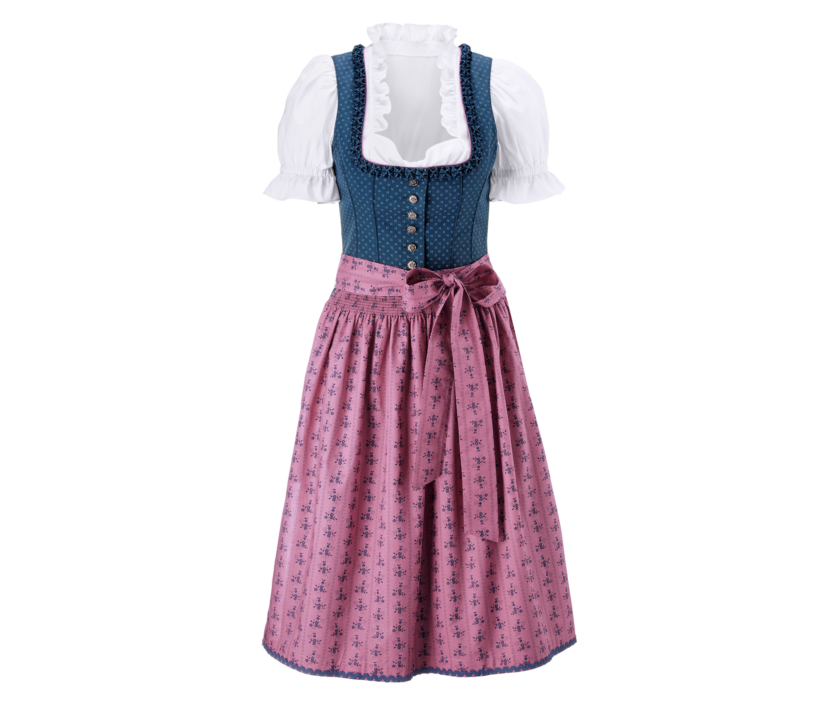 Dirndl mit blauer Schürze, weißer Bluse und rosa Rock.