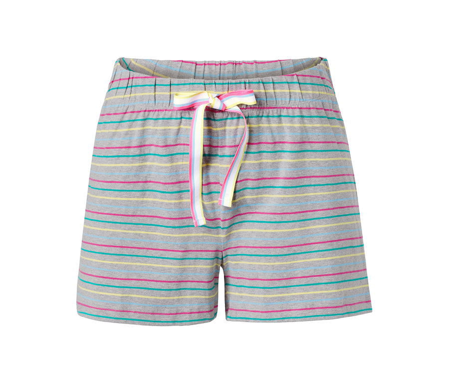 Graue Jersey-Shorts mit gelben, pinken und türkisfarbenen horizontalen Streifen und Kordelzug.