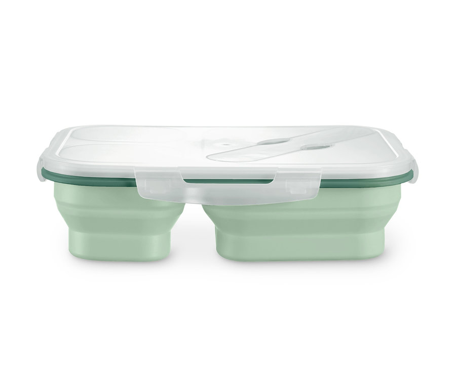 Eine geschlossene, faltbare Lunchbox mit drei Fächern und einer Gabel.
