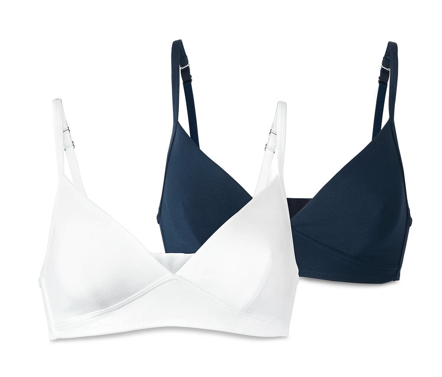 Zwei Komfort-Soft-BHs: einer in Weiß und einer in Dunkelblau.
