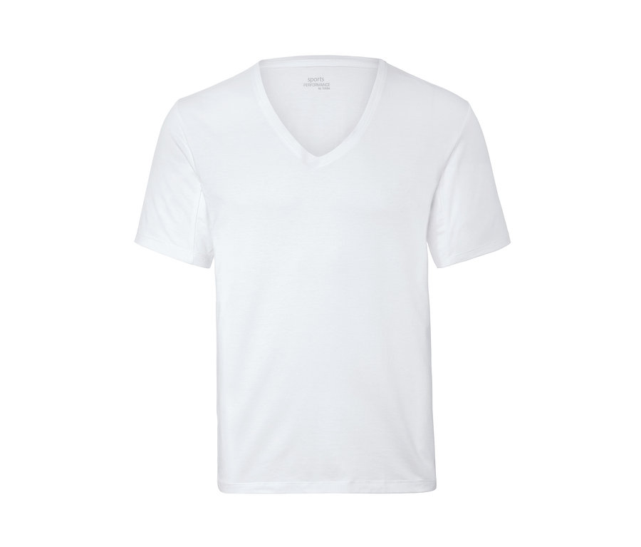 Weißes Funktionsunterhemd mit V-Ausschnitt und kurzen Ärmeln.