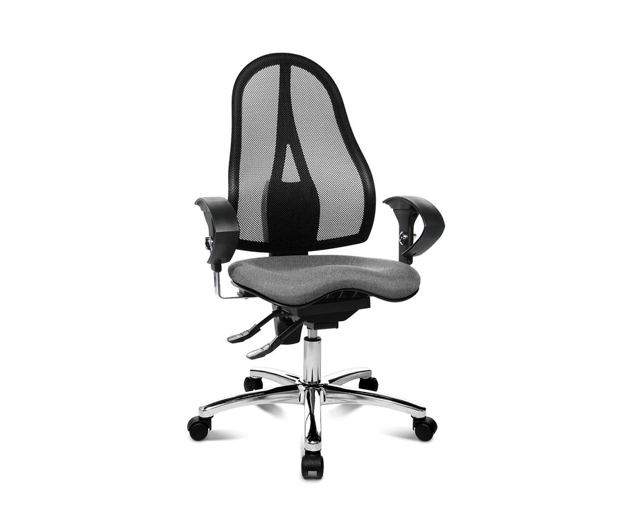 Ein Bürostuhl »SITNESS 15« mit schwarzer Netzrückenlehne, grauem Sitz und verchromtem Fußkreuz.