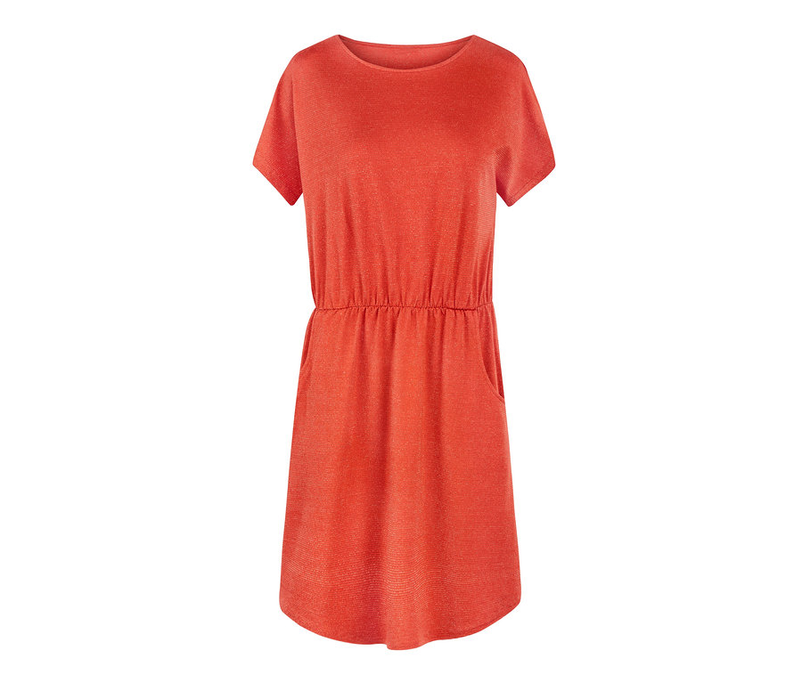 Orangefarbenes Jerseykleid mit kurzen Ärmeln und elastischer Taille.