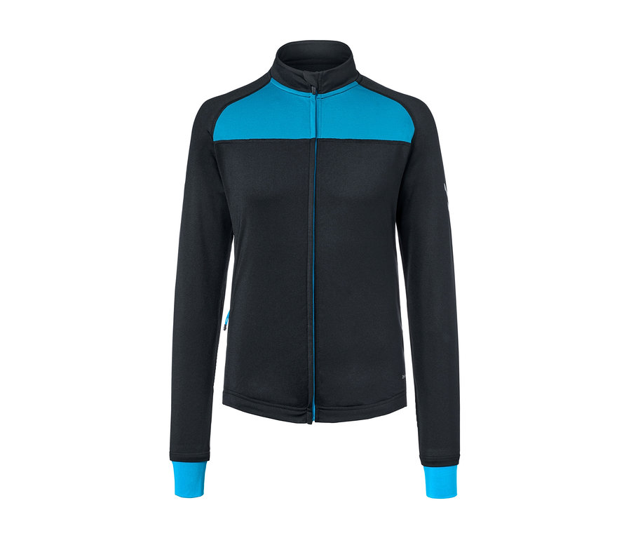 Ein schwarz-türkises Thermo-Radtrikot mit Reißverschluss.