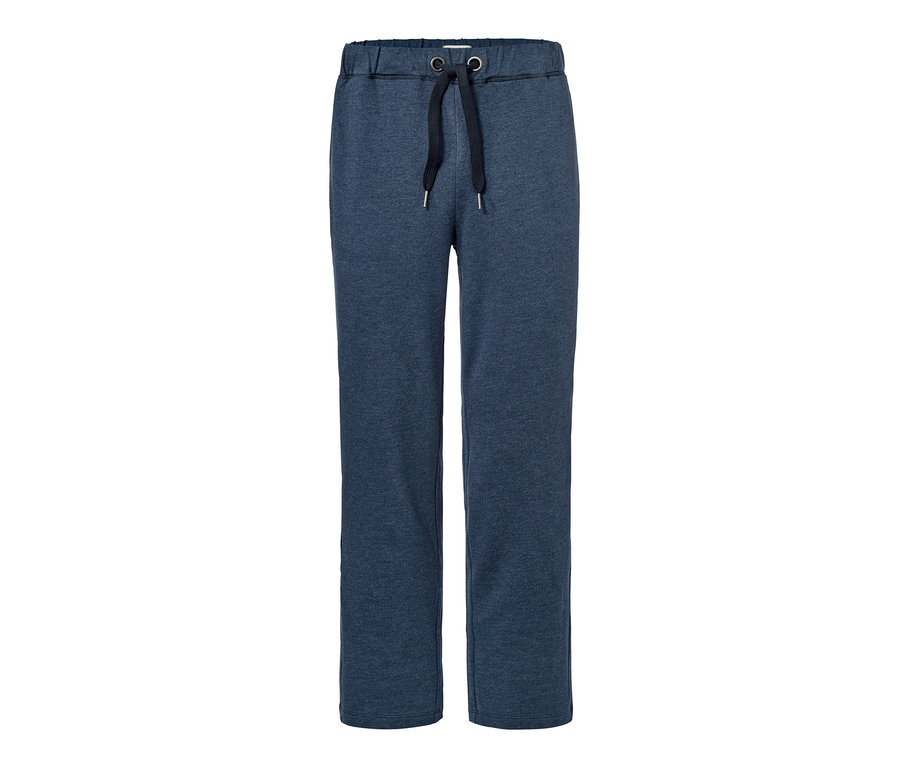 Eine blaue Loungehose mit Fischgrat-Muster.