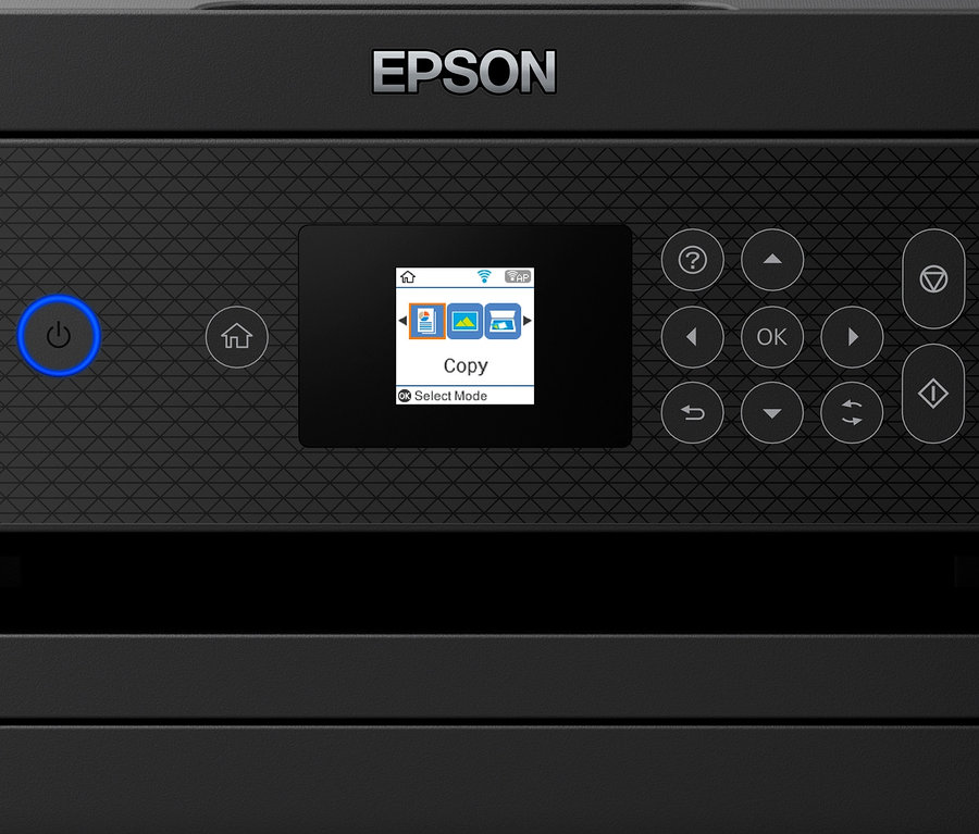 Detailansicht des Bedienfelds eines schwarzen Epson EcoTank ET-2850 Multifunktionsdruckers.