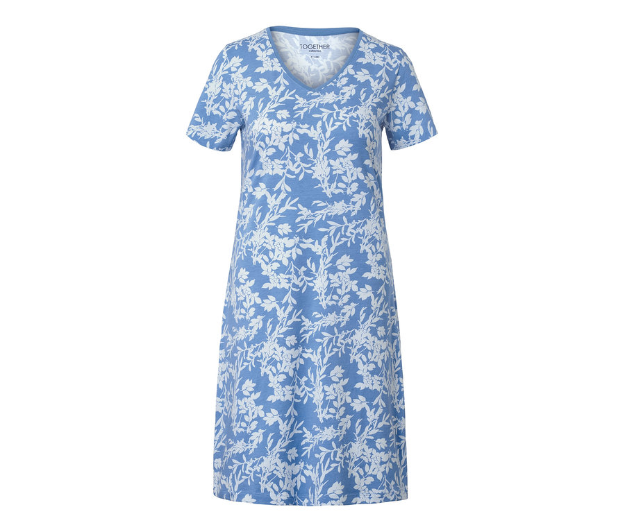 Blaues Nachthemd mit kurzem Arm und weißem Blumenmuster.
