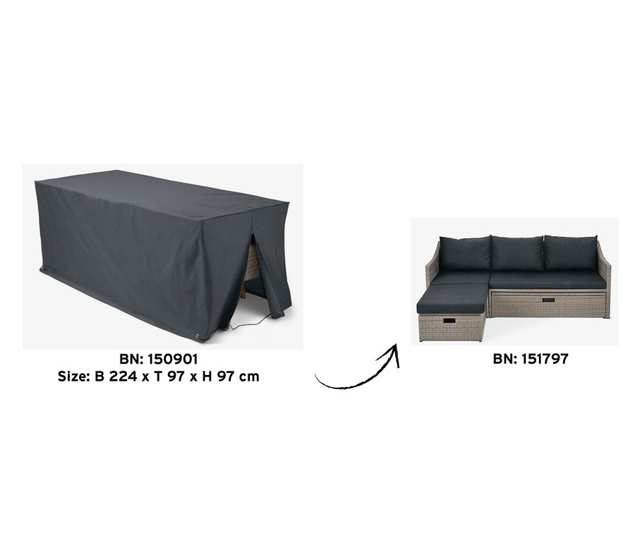 Eine graue Premium-Loungemöbel-Schutzhülle bedeckt einen Tisch. Rechts davon befindet sich eine Loungemöbel aus Polyrattan.
