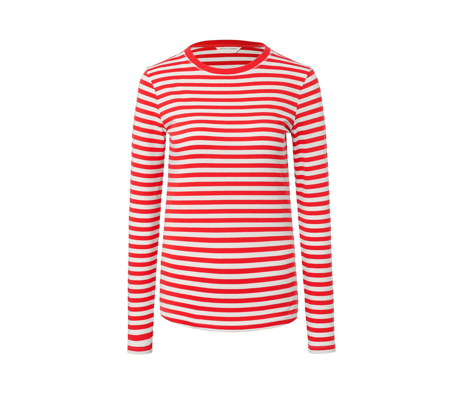 Gestreiftes rot-weißes Langarmshirt.