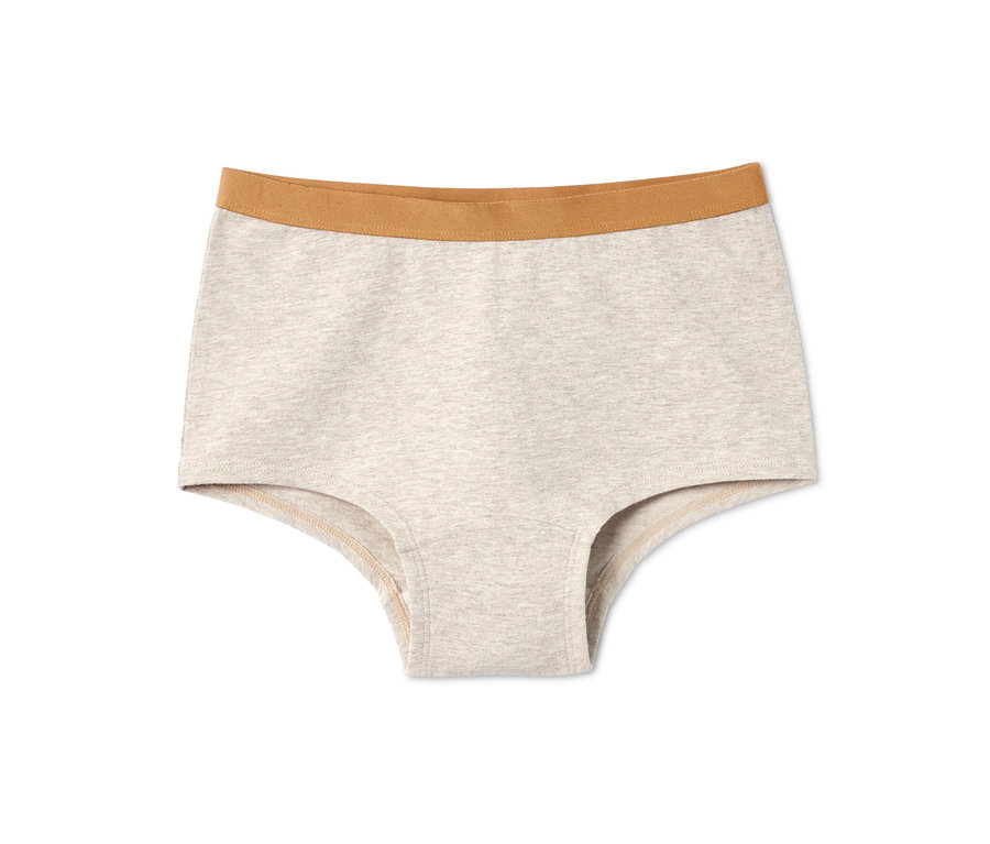 Ein einzelner, hellgrauer Kinder-Panty mit braunem Gummibund. 3 Kinder-Pantys.