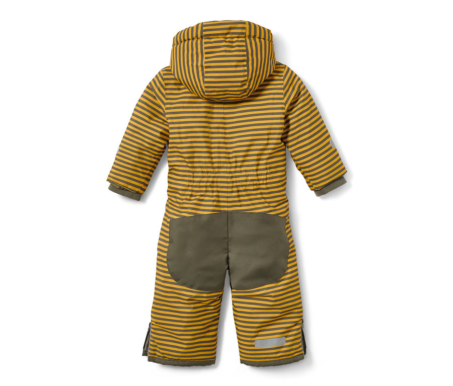 Rückansicht eines gelb-grau gestreiften Schneeanzugs.