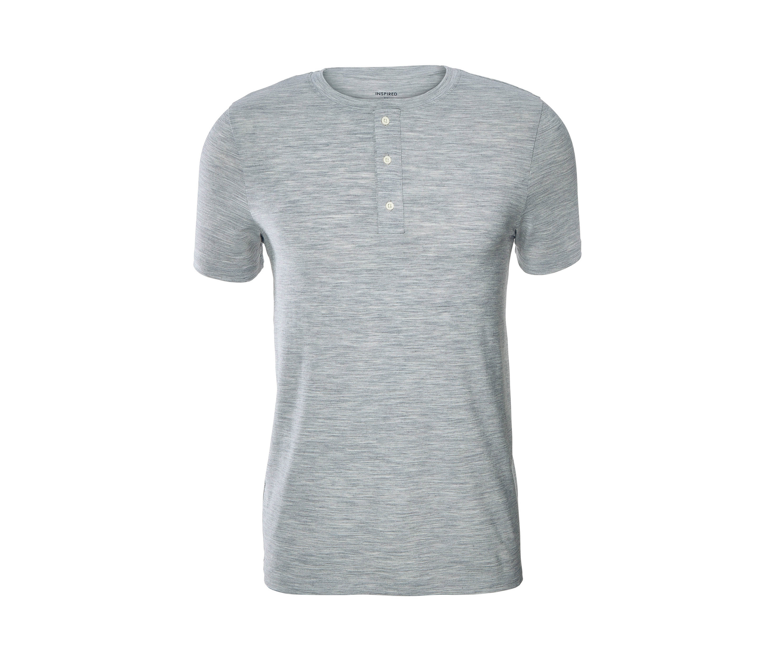 Graues Merino-Funktionsshirt mit kurzen Ärmeln und Knöpfen.