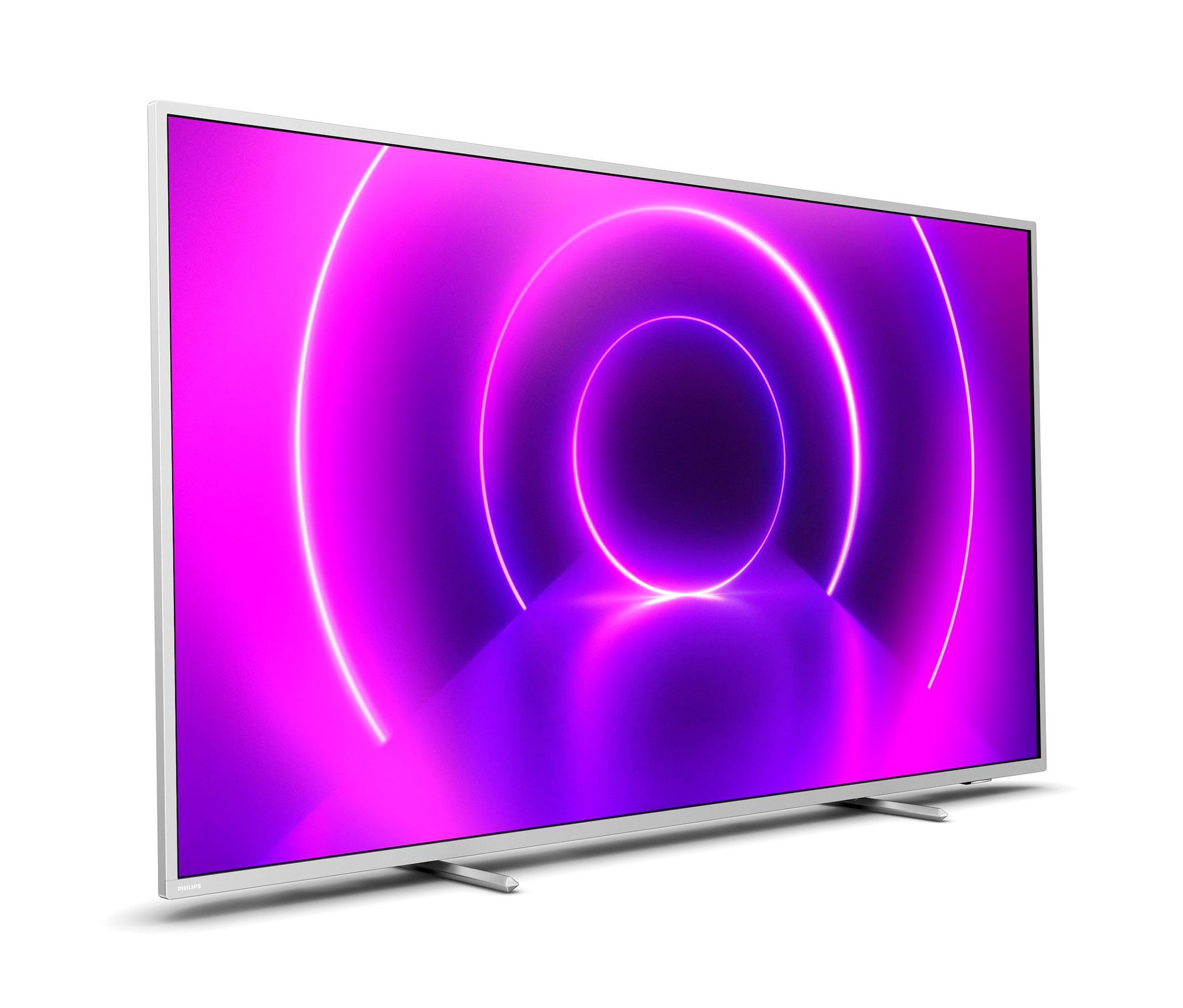 Nahaufnahme eines 75-Zoll Philips 4K UHD Android TV mit Ambilight »PUS 8505/12«.