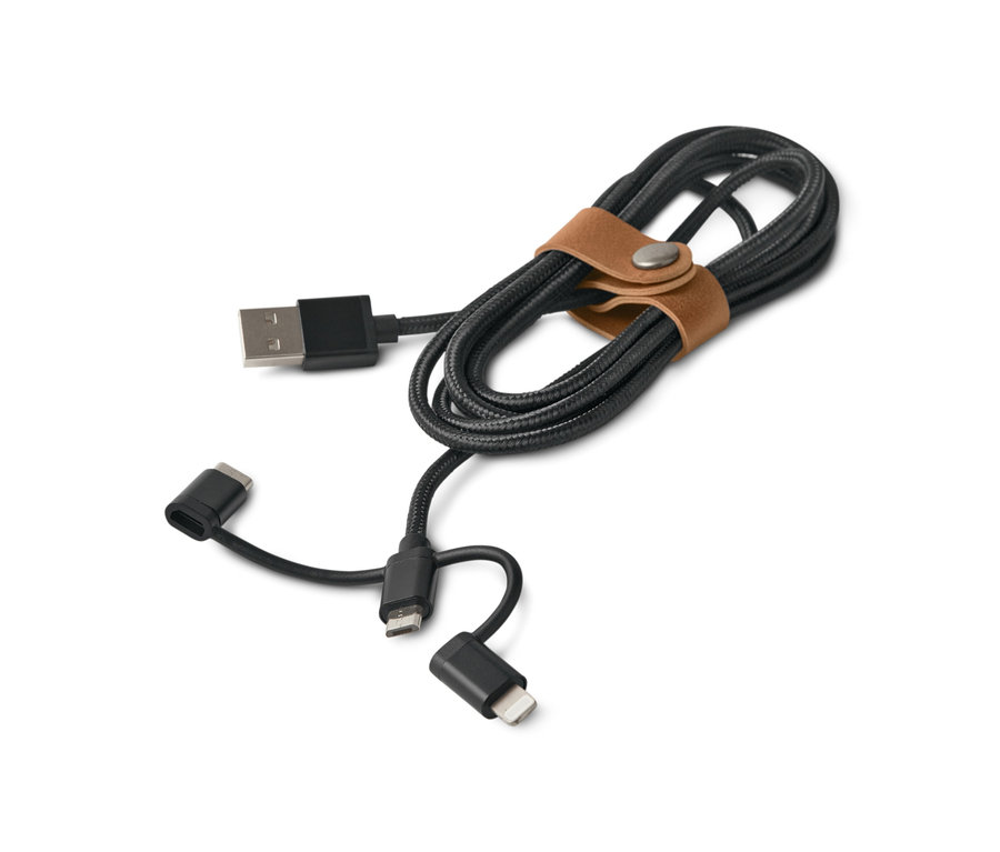Ein anthrazitfarbenes 3-in-1-Ladekabel, das mit einem Lederband zusammengehalten wird.
