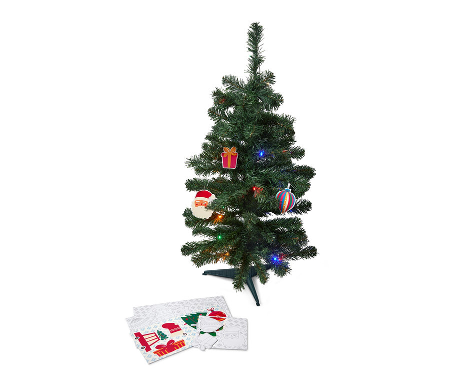 Ein grüner LED-Weihnachtsbaum mit Dekorationen und Malvorlagen.