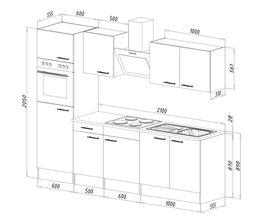 Skizze eines Respekta Economy Küchenblocks in verschiedenen Eiche York Dekoren.
