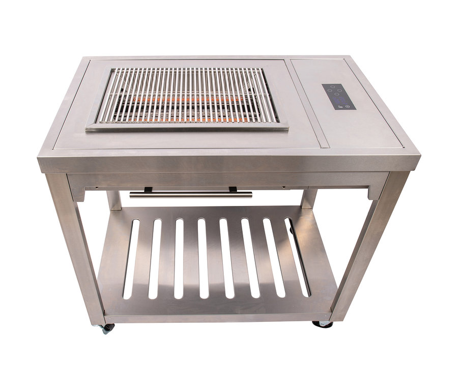 Ein elektrischer Edelstahlgrill »CAVAS« von SUMM mit Grillrost und Ablagefläche.