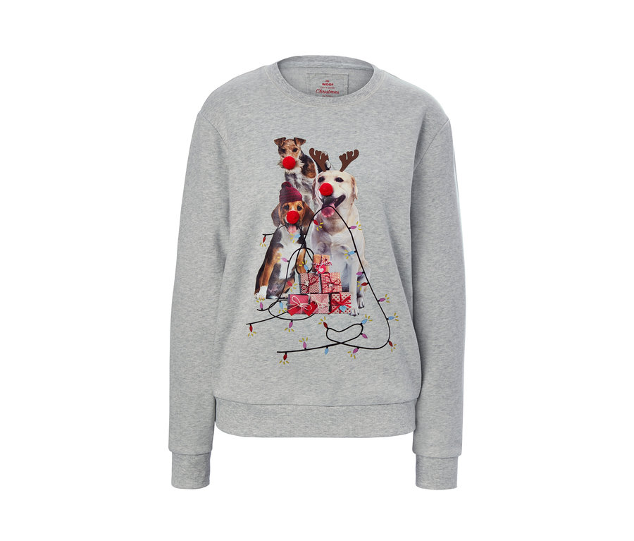 Graues Sweatshirt mit Aufdruck von drei Hunden mit roten Nasen und Weihnachtslichtern.