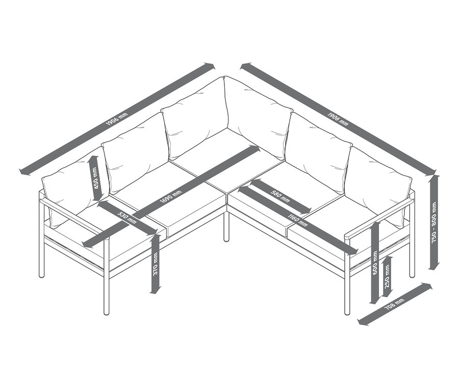 Abmessungen der Gartensofa-Ecke.